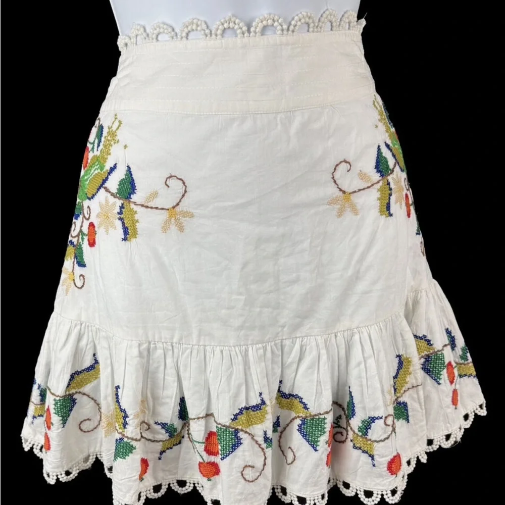 White Mini Skater Skirt with Ruffled Embellishments for Resort Wear - Picture 2 of 4